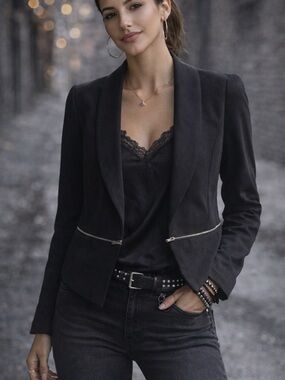 Sakura Black Cropped Blazer XS Open Front Zip Detail Edgy Chic